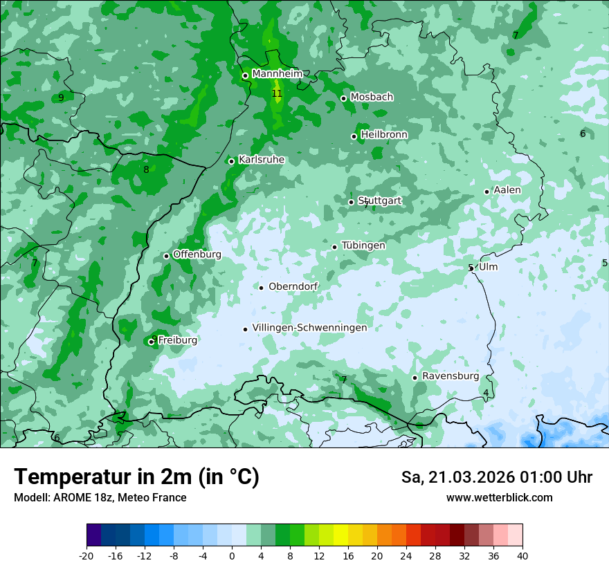 Modellkarte AROME – t2m – bw