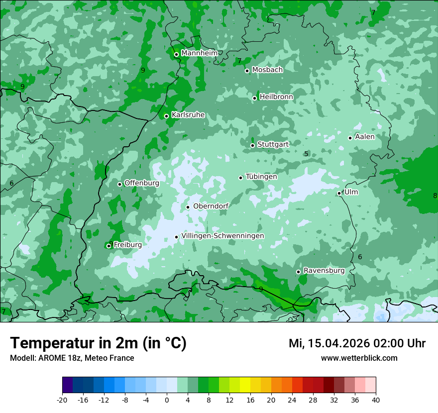 Modellkarte AROME – t2m – bw