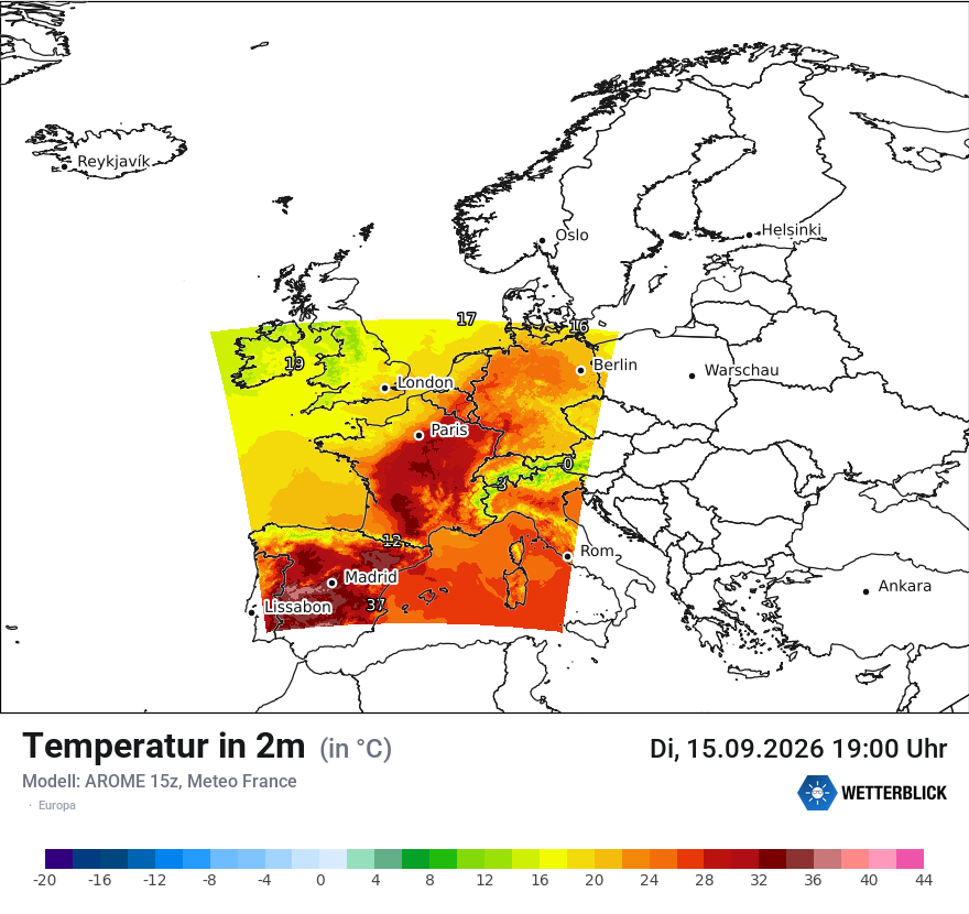 Modellkarte AROME – t2m – europa