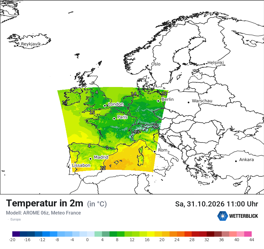Modellkarte AROME – t2m – europa