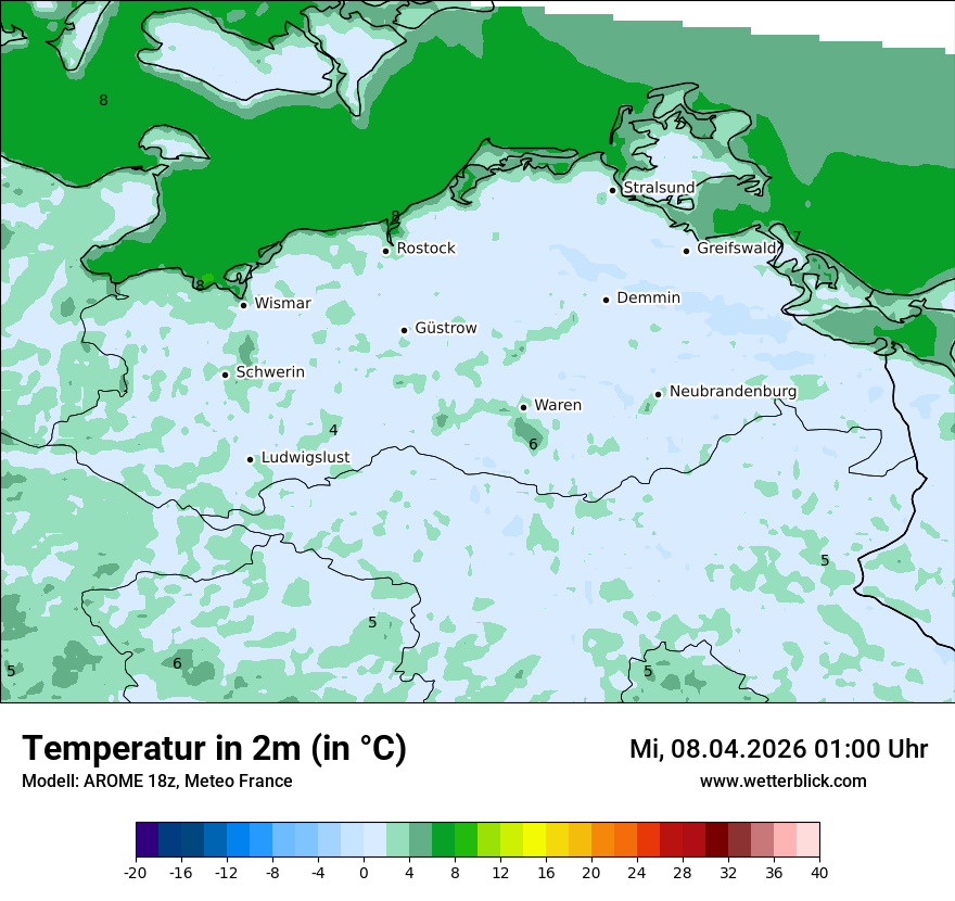Modellkarte AROME – t2m – mv