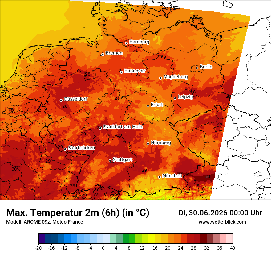 Modellkarte AROME – tmax6h – deutschland