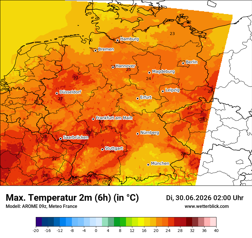 Modellkarte AROME – tmax6h – deutschland