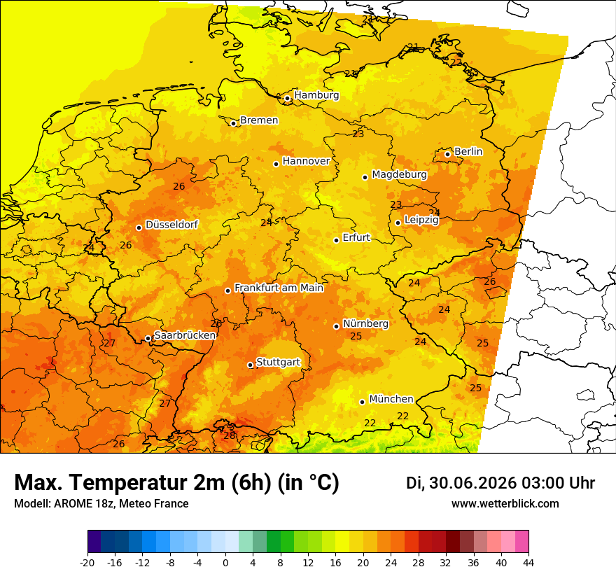 Modellkarte AROME – tmax6h – deutschland