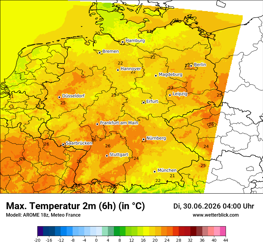 Modellkarte AROME – tmax6h – deutschland