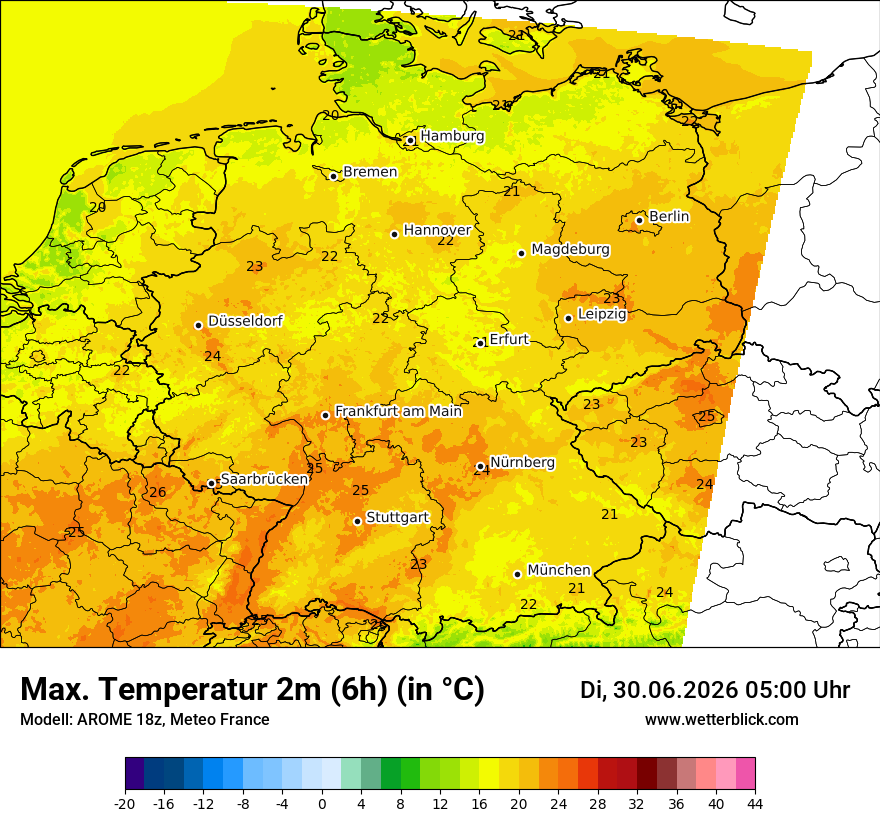 Modellkarte AROME – tmax6h – deutschland
