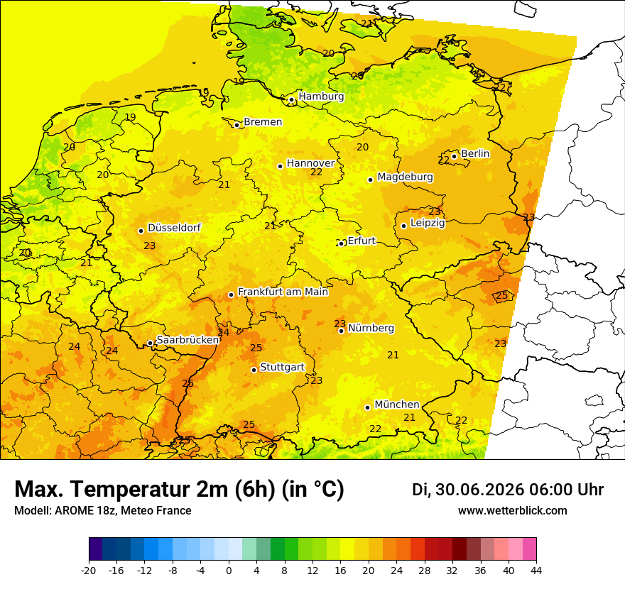 Modellkarte AROME – tmax6h – deutschland