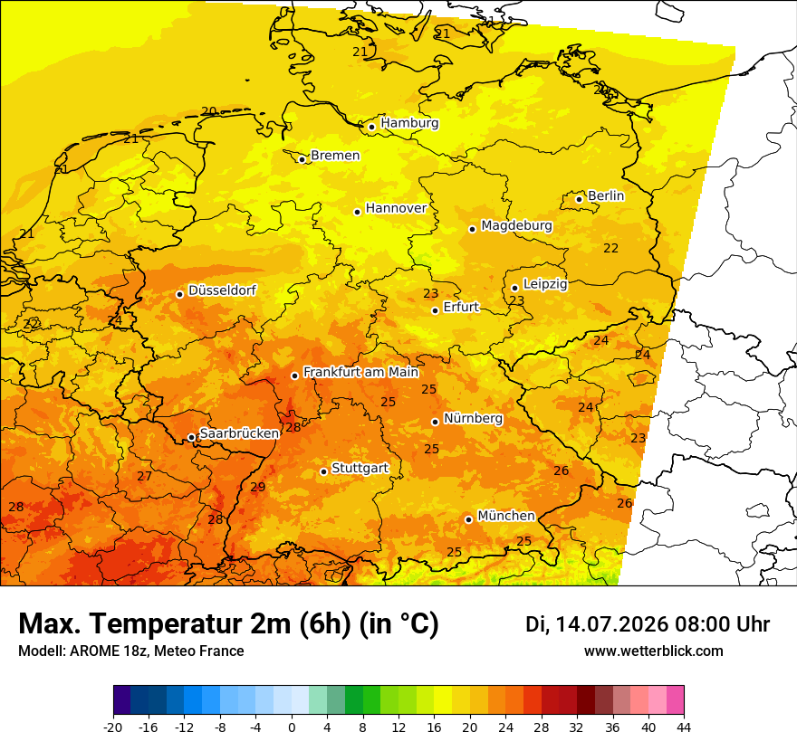 Modellkarte AROME – tmax6h – deutschland