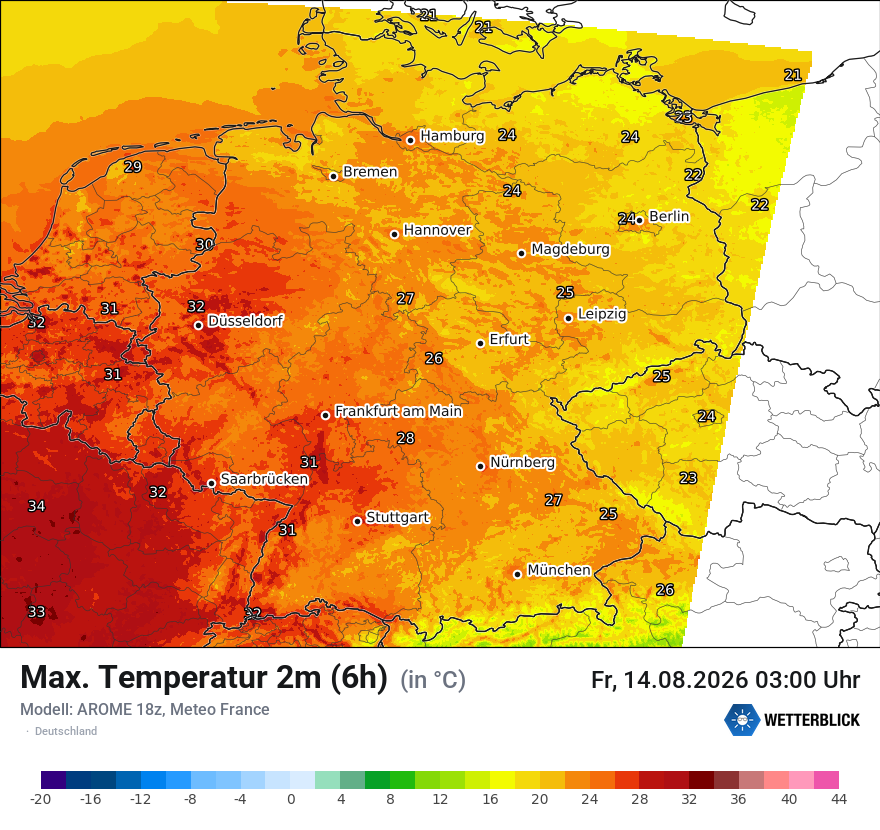 Modellkarte AROME – tmax6h – deutschland