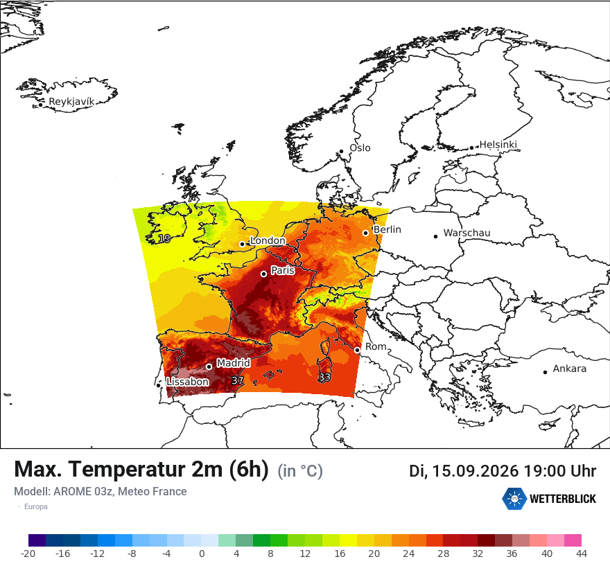 Modellkarte AROME – tmax6h – europa