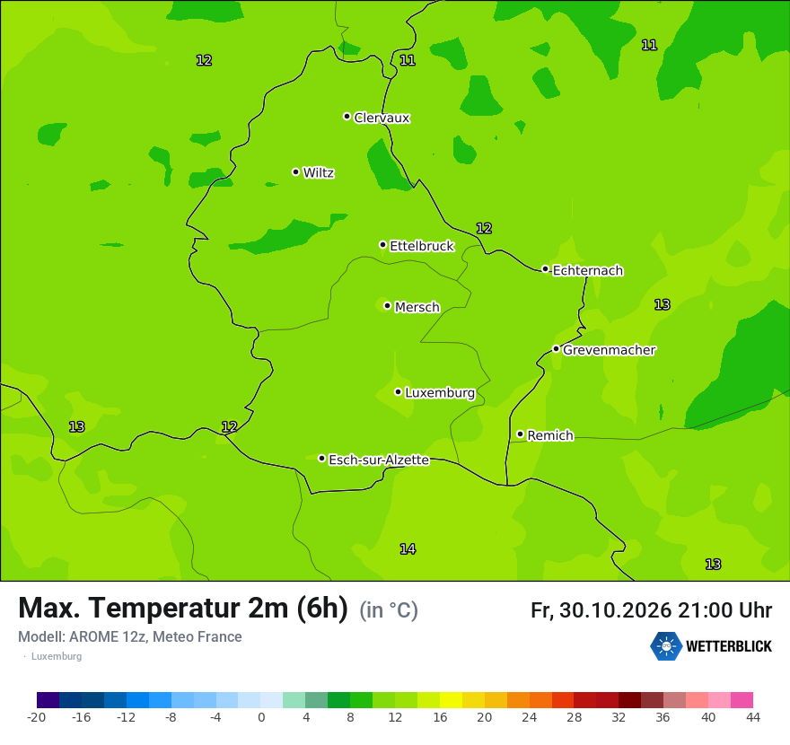 Modellkarte AROME – tmax6h – luxemburg
