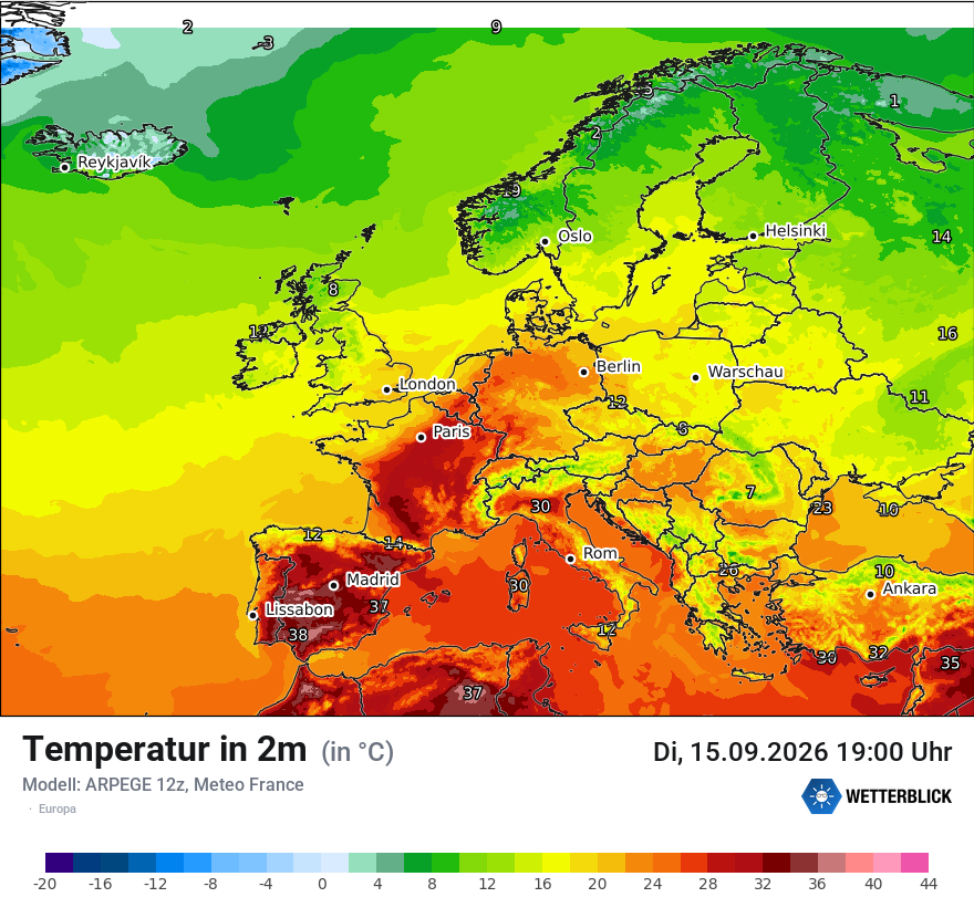 Modellkarte ARPEGE – t2m – europa