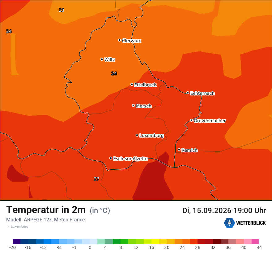 Modellkarte ARPEGE – t2m – luxemburg