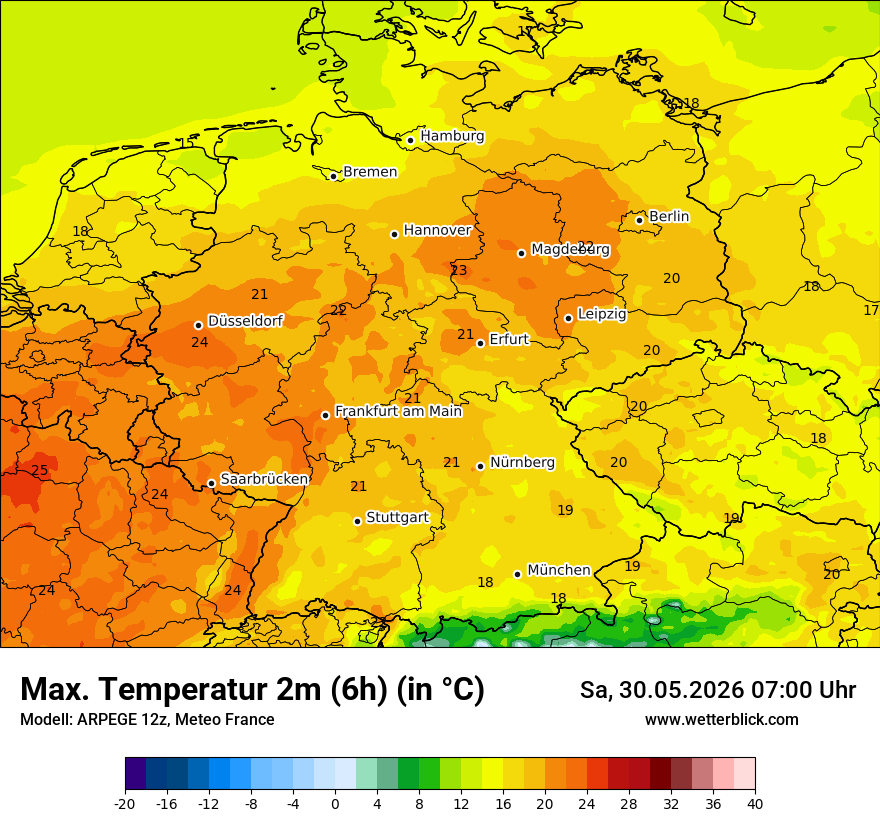 Modellkarte ARPEGE – tmax6h – deutschland