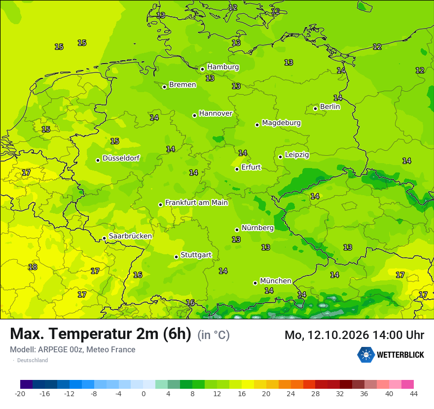 Modellkarte ARPEGE – tmax6h – deutschland