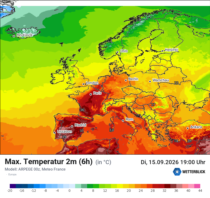 Modellkarte ARPEGE – tmax6h – europa