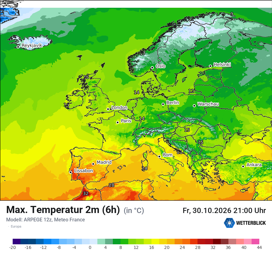 Modellkarte ARPEGE – tmax6h – europa