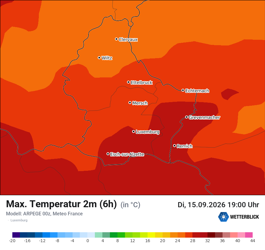 Modellkarte ARPEGE – tmax6h – luxemburg