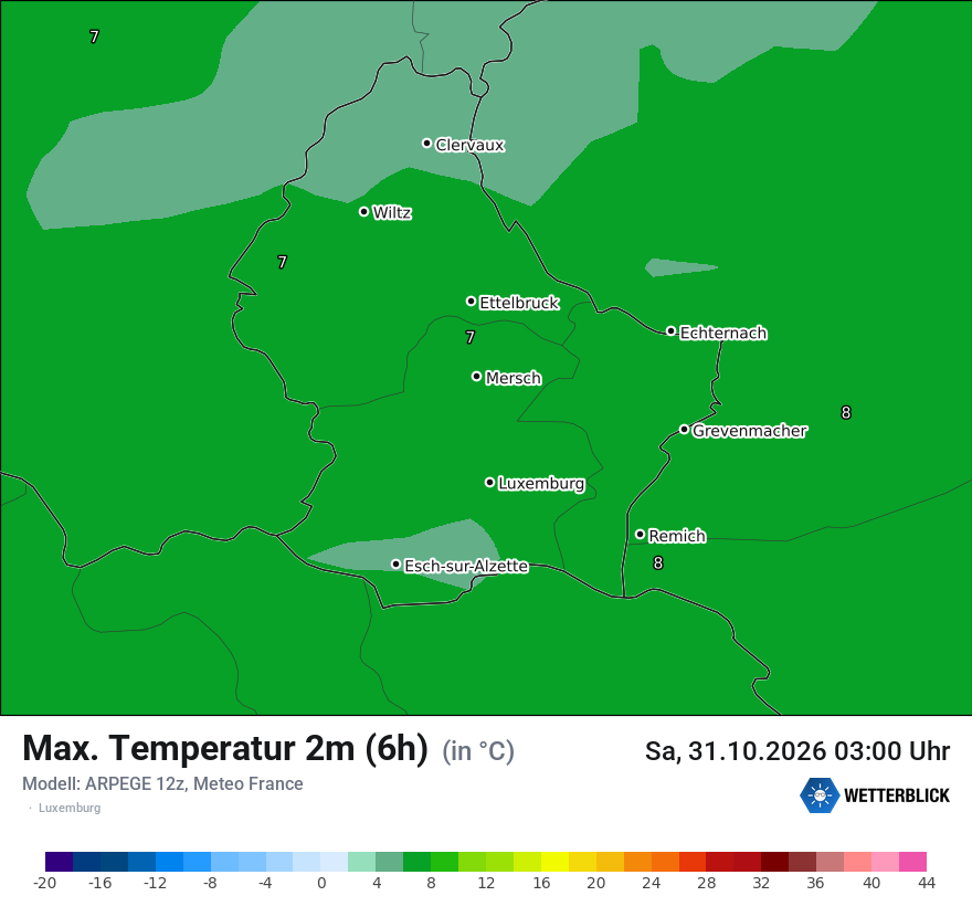 Modellkarte ARPEGE – tmax6h – luxemburg