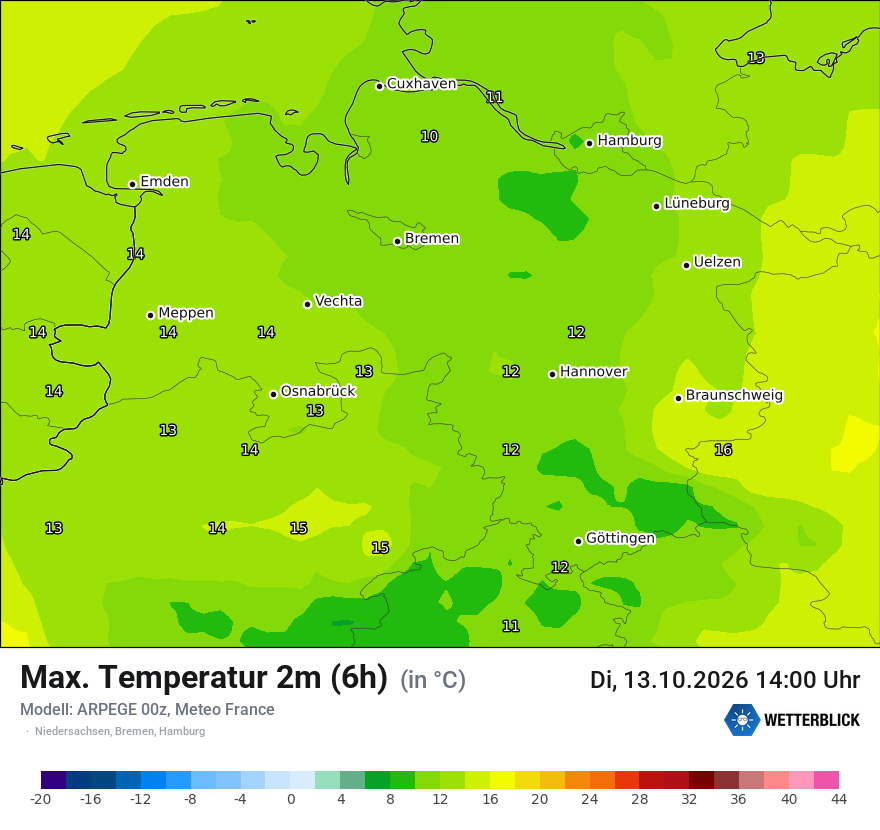Modellkarte ARPEGE – tmax6h – ni