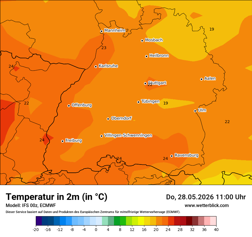 Modellkarte ECMWF – t2m – bw
