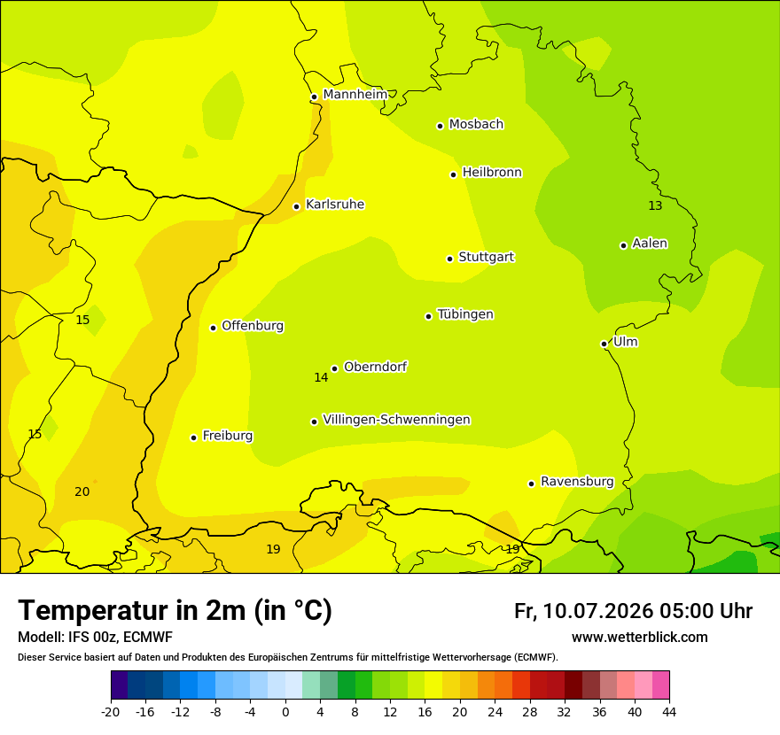 Modellkarte ECMWF – t2m – bw