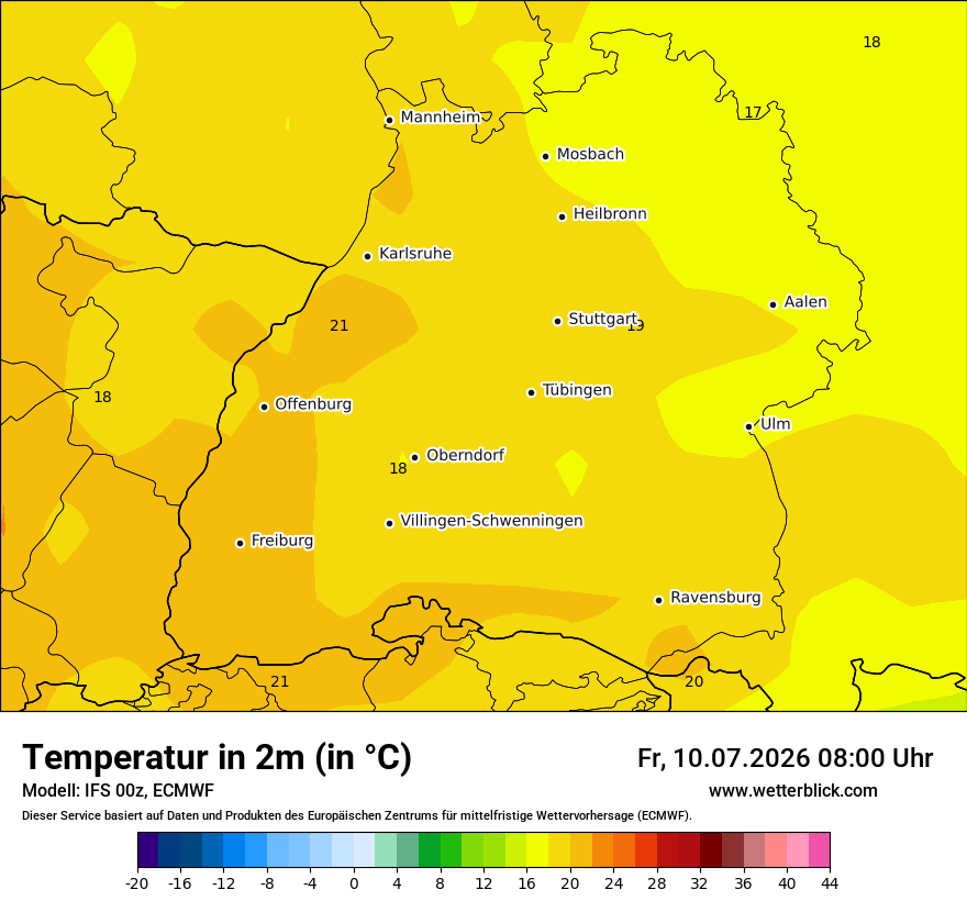 Modellkarte ECMWF – t2m – bw
