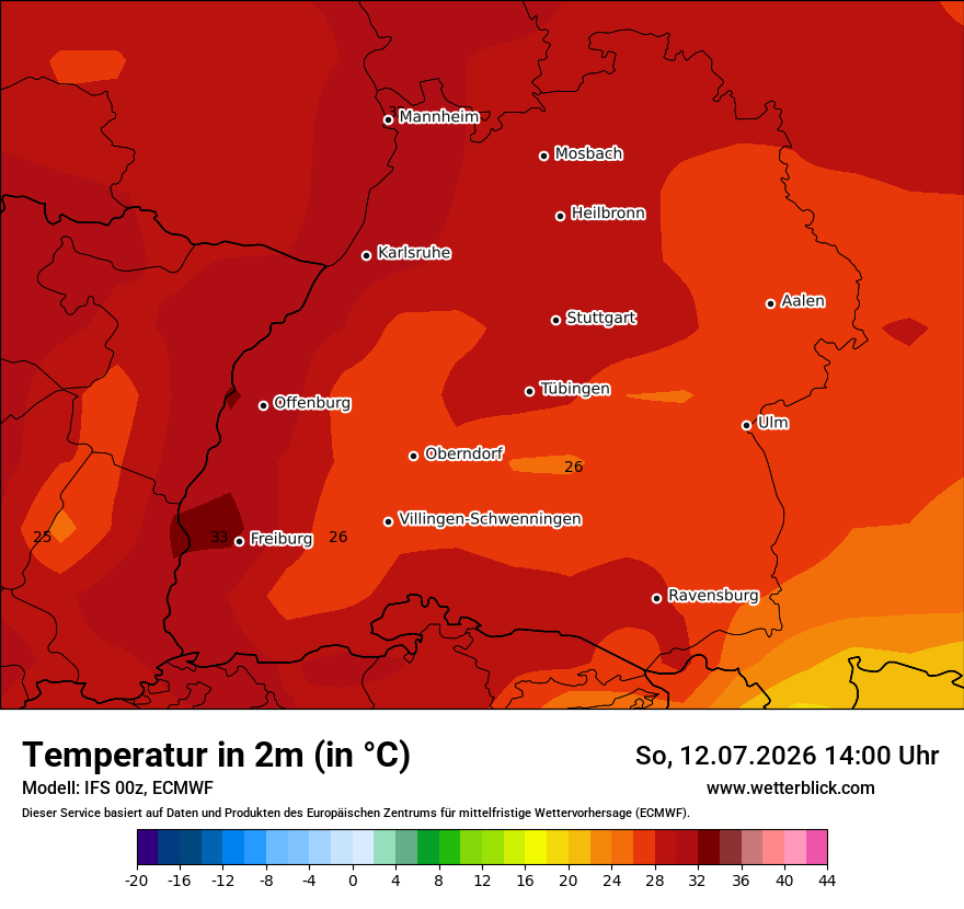 Modellkarte ECMWF – t2m – bw