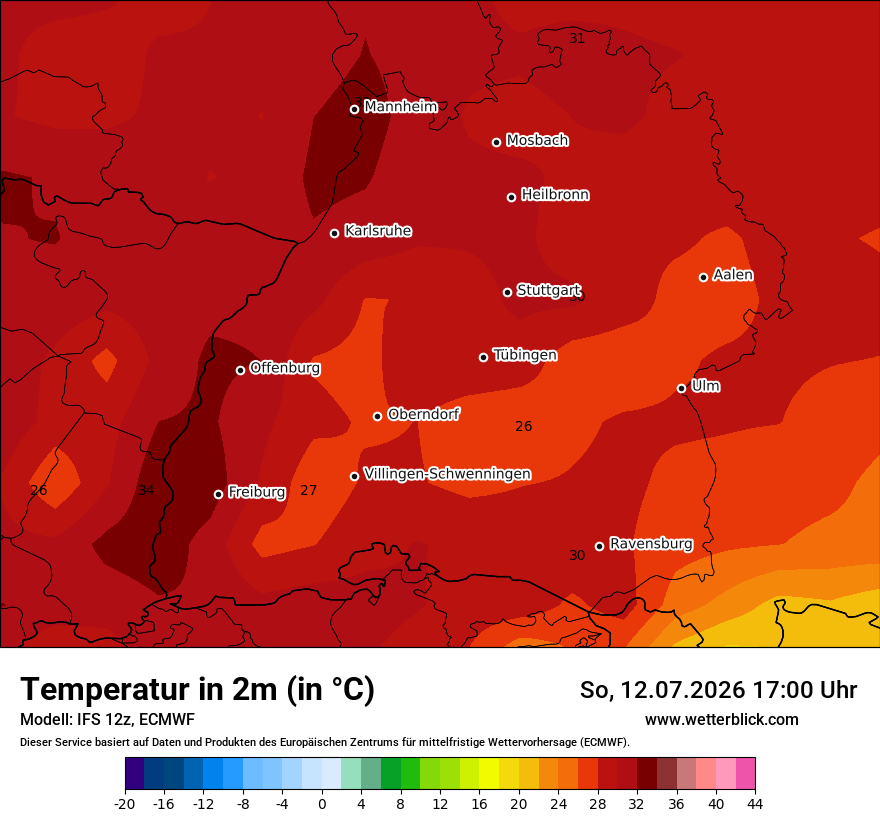 Modellkarte ECMWF – t2m – bw