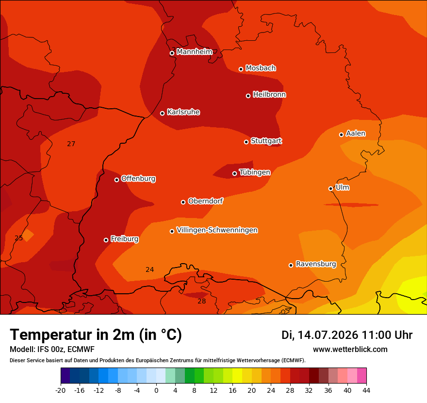 Modellkarte ECMWF – t2m – bw