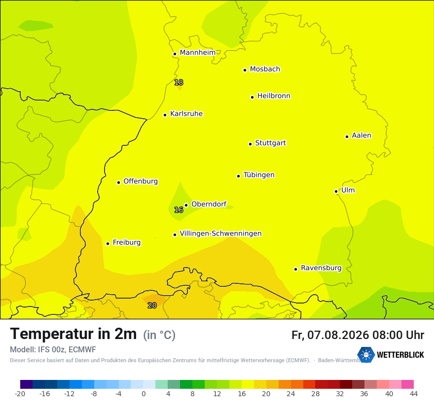 Modellkarte ECMWF – t2m – bw