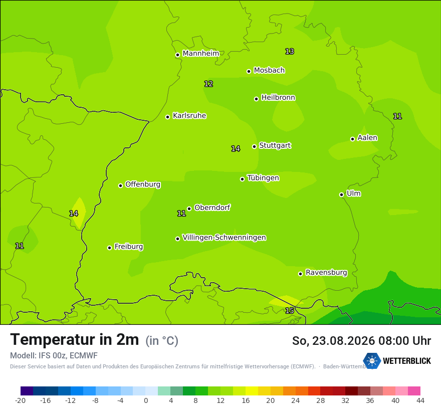 Modellkarte ECMWF – t2m – bw