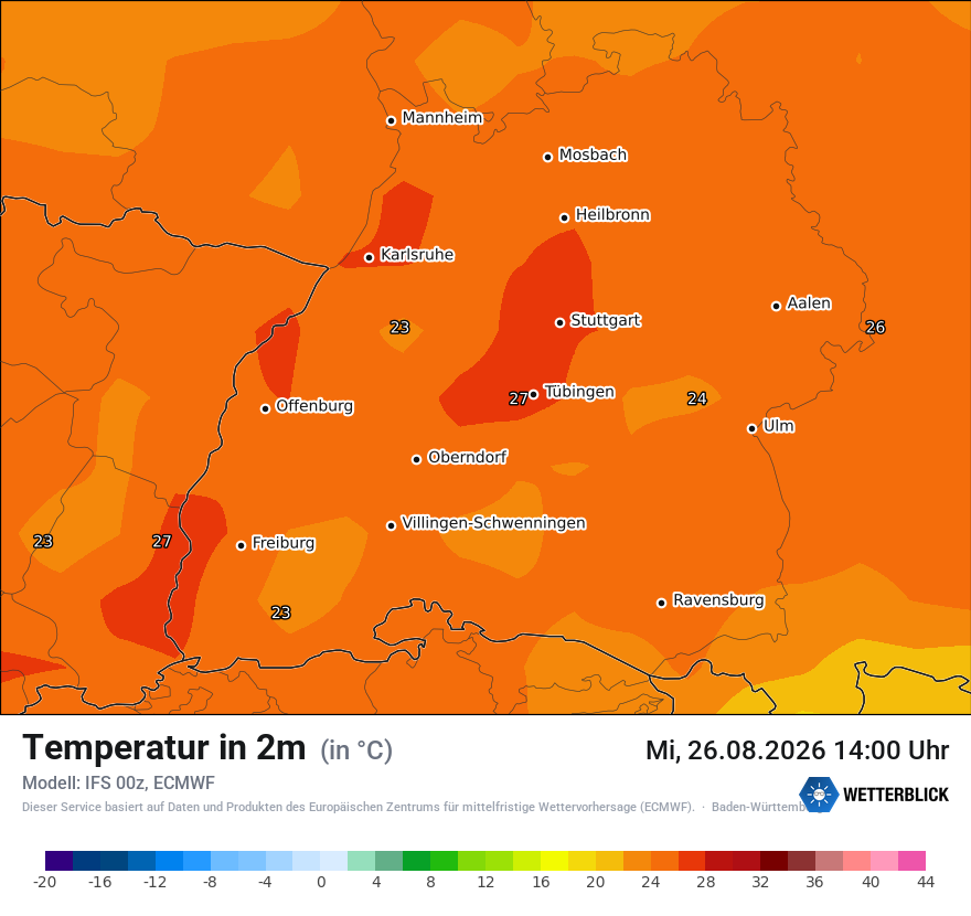 Modellkarte ECMWF – t2m – bw