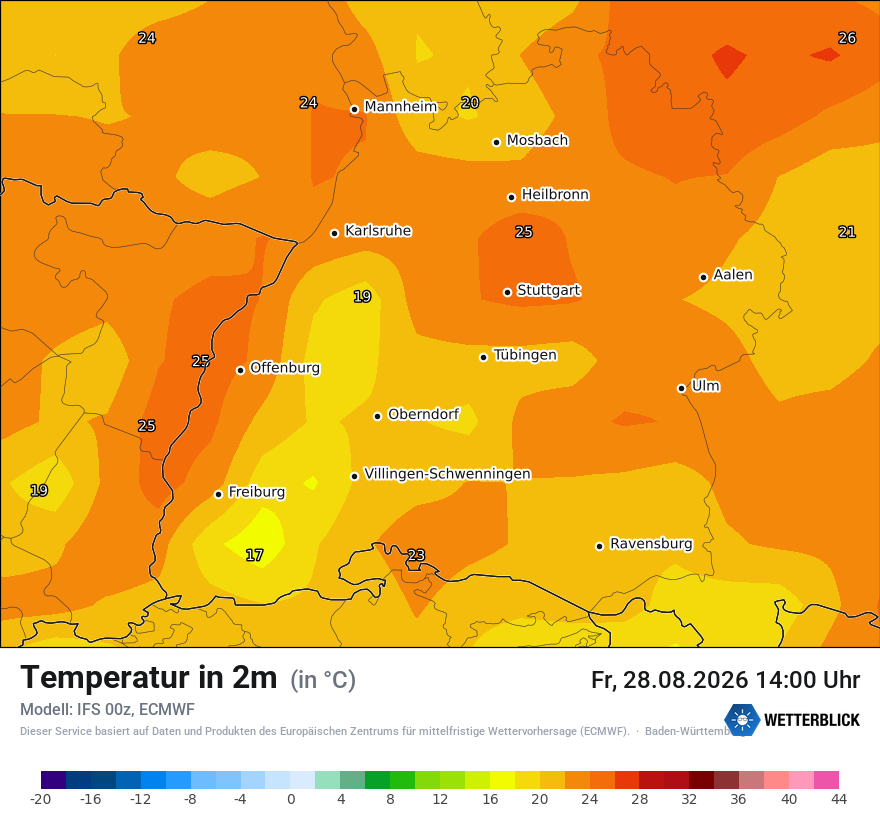 Modellkarte ECMWF – t2m – bw