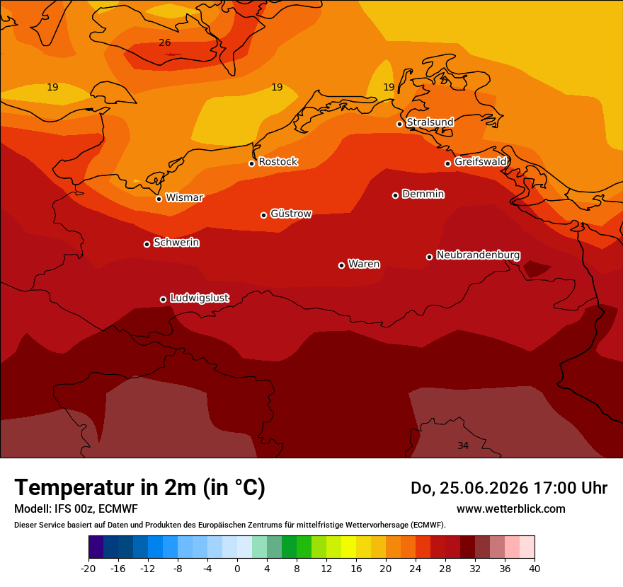 Modellkarte ECMWF – t2m – mv