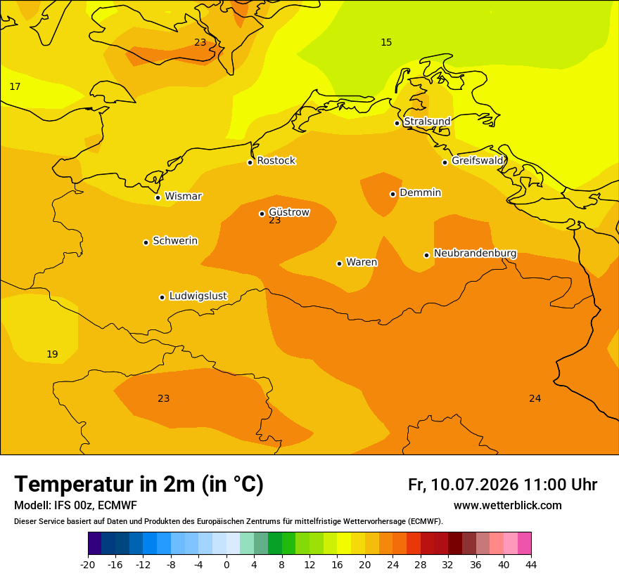 Modellkarte ECMWF – t2m – mv