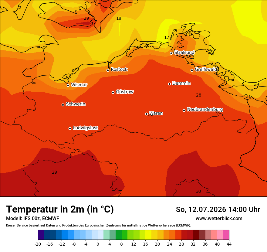 Modellkarte ECMWF – t2m – mv