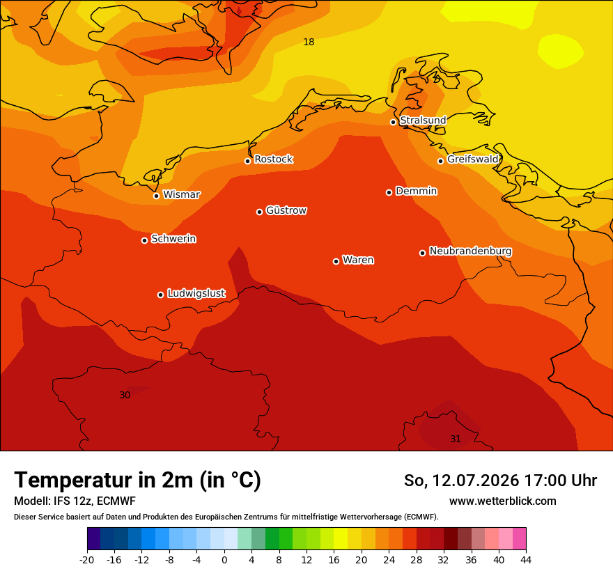 Modellkarte ECMWF – t2m – mv