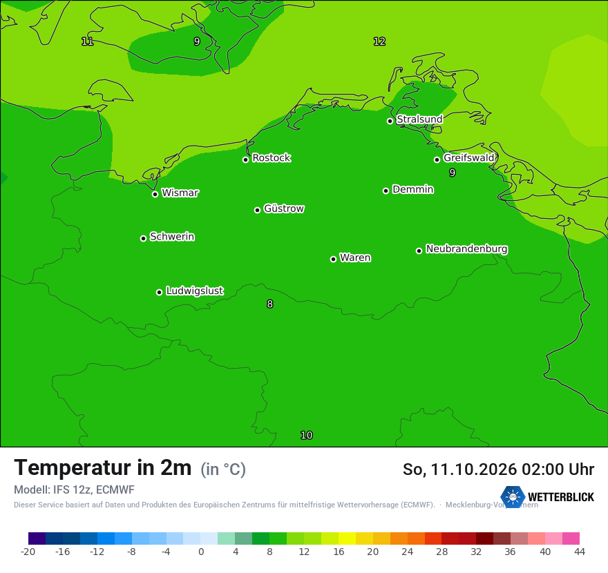 Modellkarte ECMWF – t2m – mv