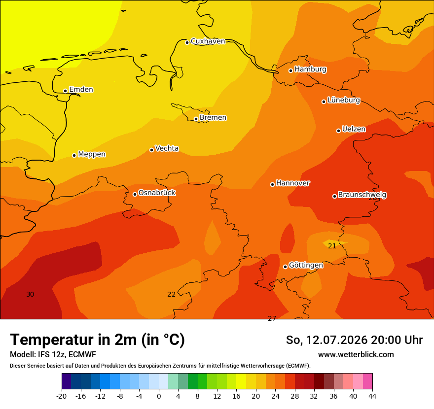 Modellkarte ECMWF – t2m – ni