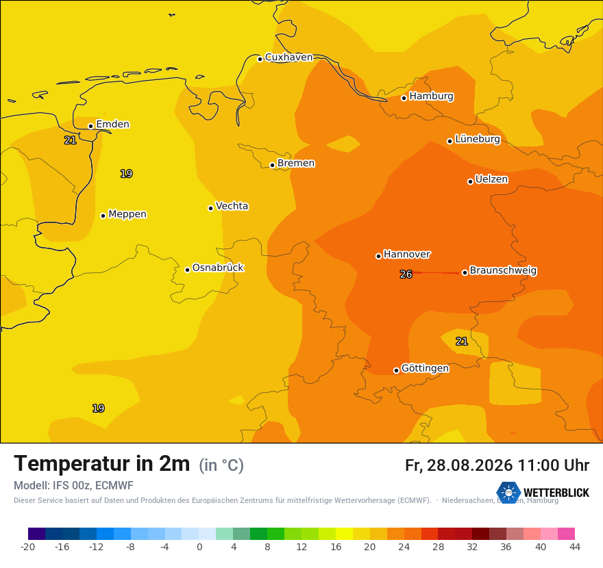 Modellkarte ECMWF – t2m – ni