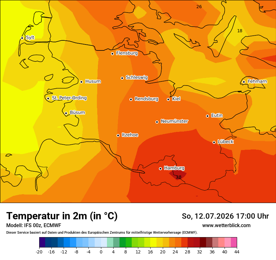 Modellkarte ECMWF – t2m – sh
