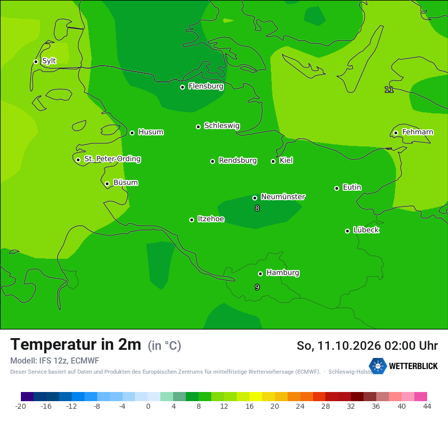 Modellkarte ECMWF – t2m – sh