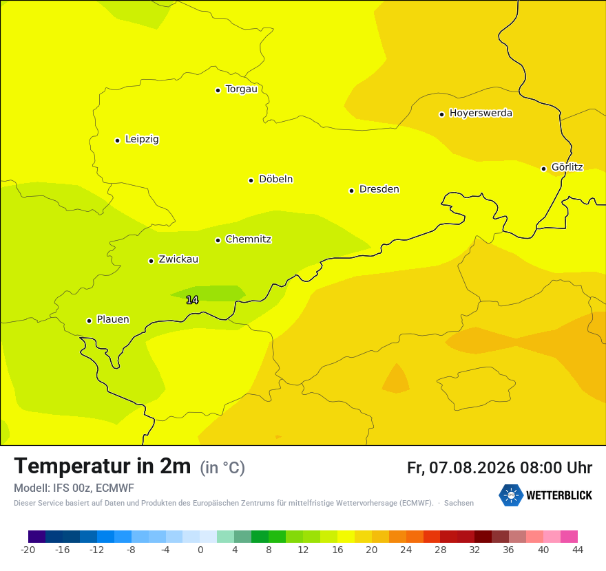 Modellkarte ECMWF – t2m – sn