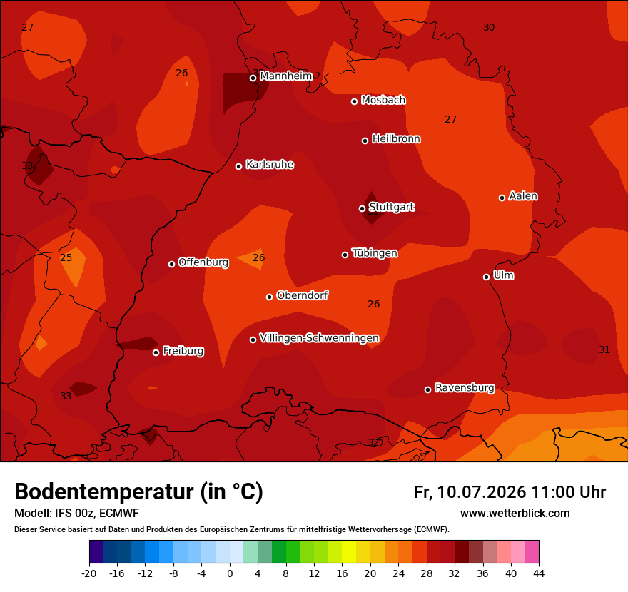 Modellkarte ECMWF – t_g – bw