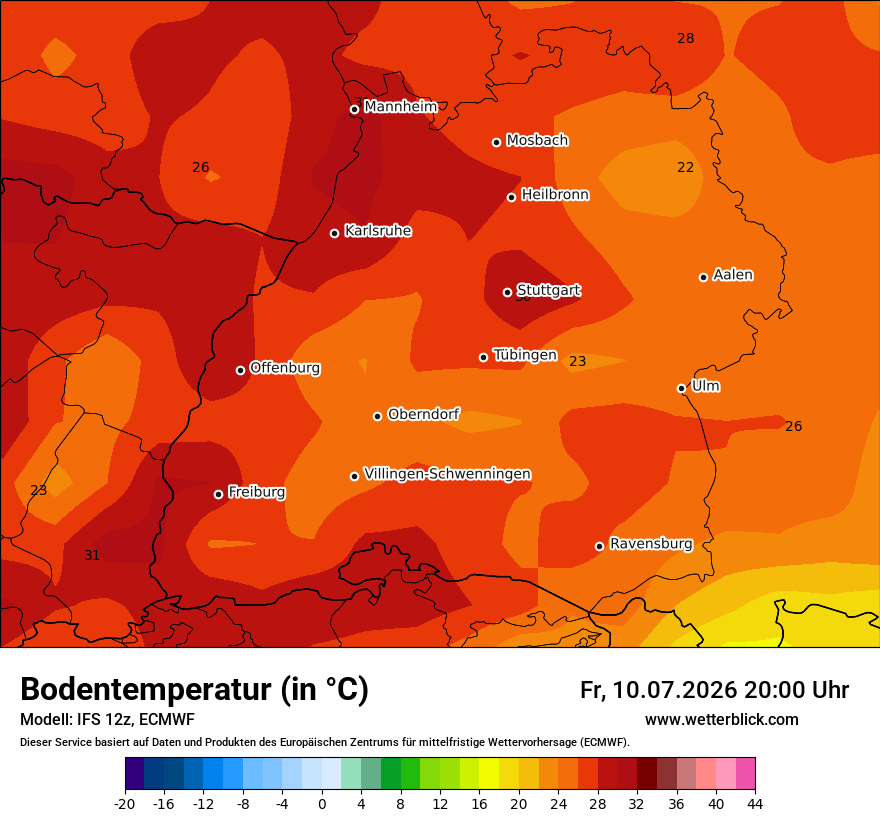 Modellkarte ECMWF – t_g – bw