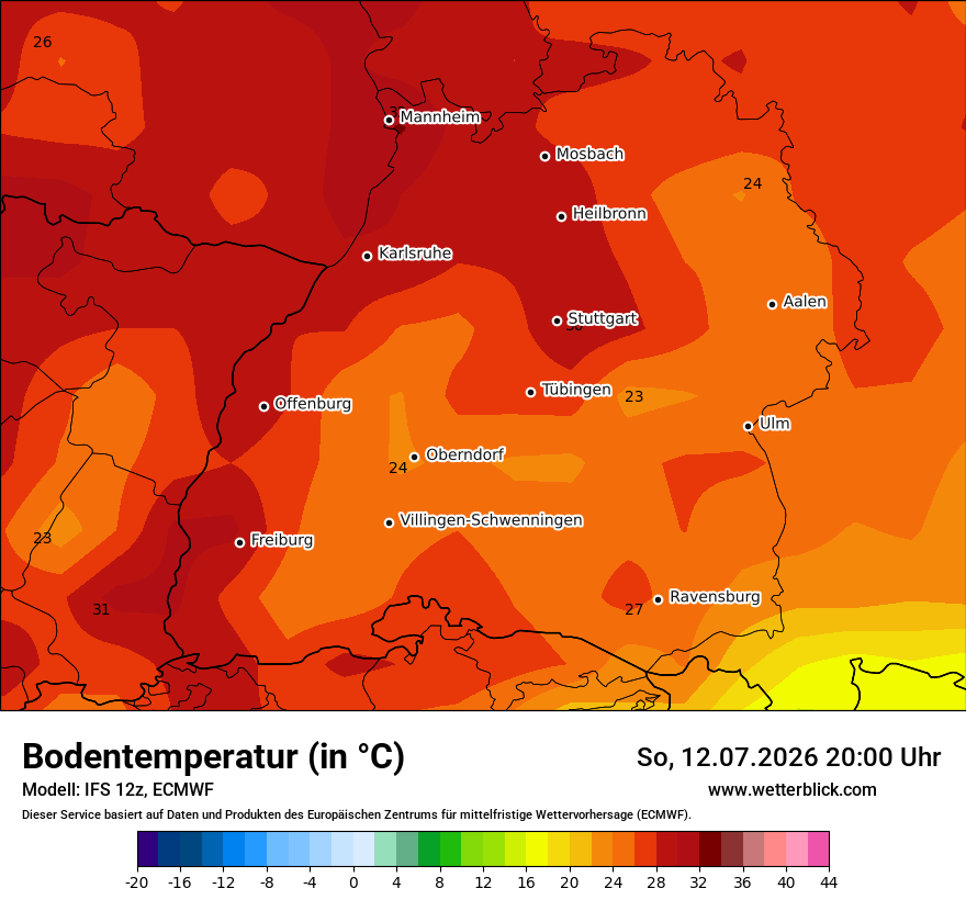Modellkarte ECMWF – t_g – bw