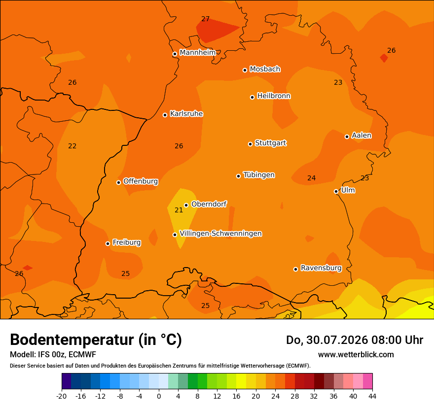 Modellkarte ECMWF – t_g – bw