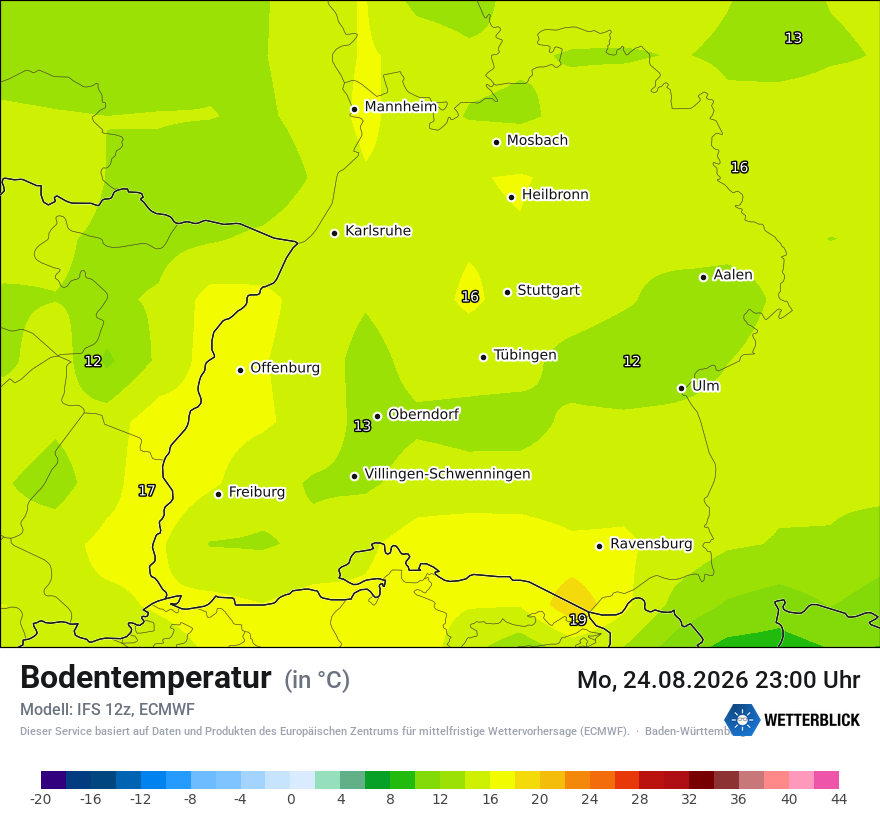Modellkarte ECMWF – t_g – bw