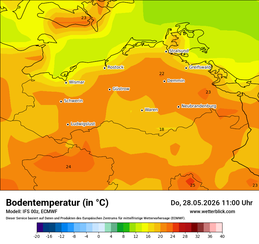 Modellkarte ECMWF – t_g – mv